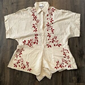 indikah Womens L Cream Linen Romper Embroidered Ciao Wine Euro Summer Playsuit
